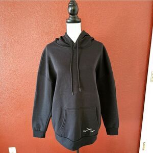 Black Pullover Sweater with Hood and Ribbed Cuffs